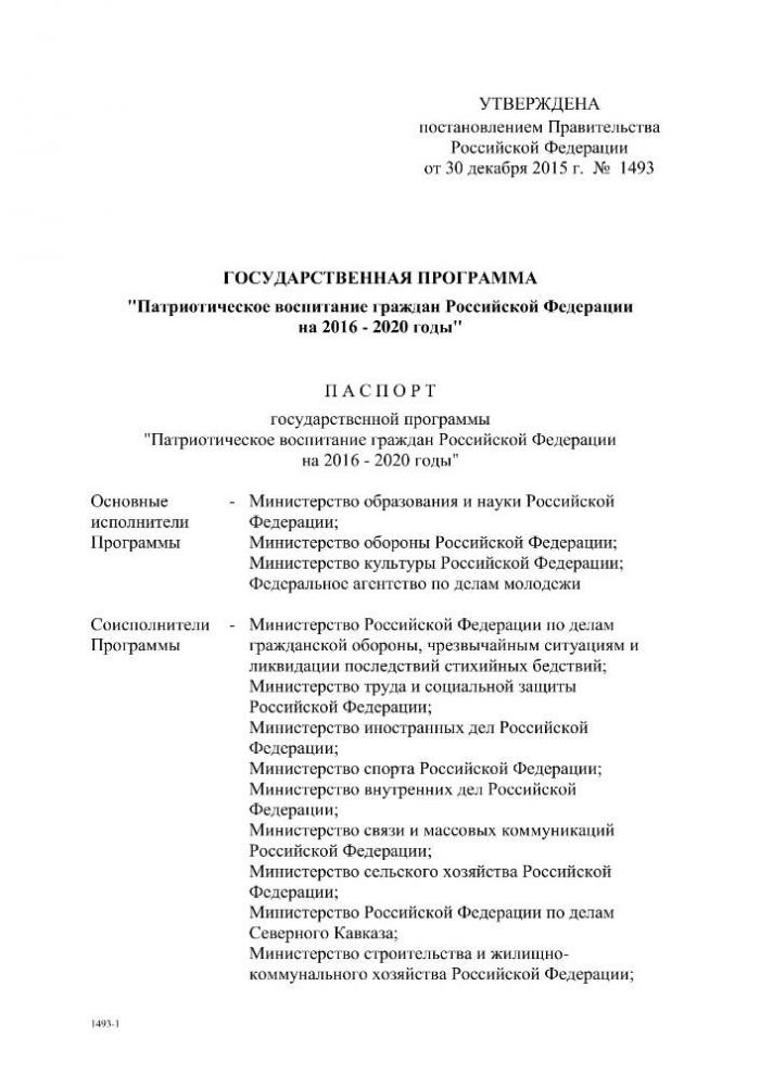 О государственной программе "Патриотическое воспитание граждан Российской Федерации на 2016 - 2020 годы"